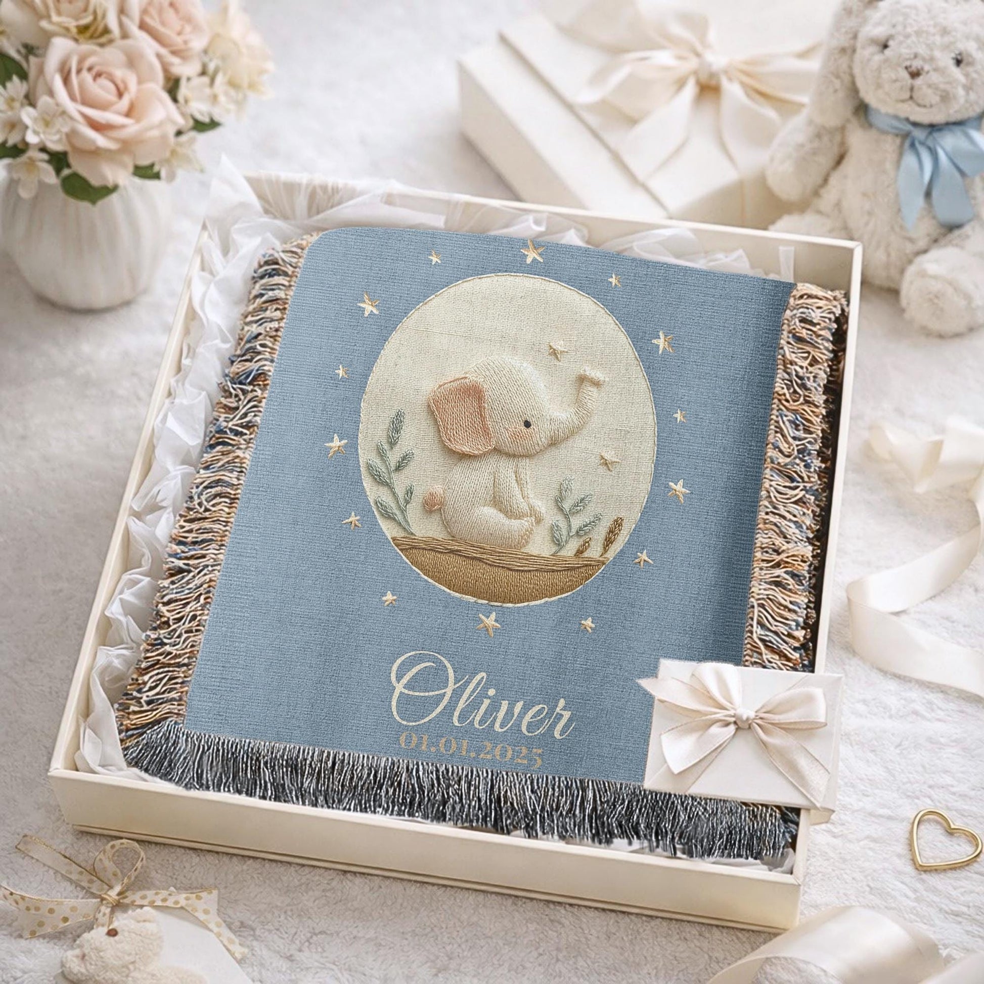 Personalized woven cotton baby blanket featuring a calm elephant under the moon. Embroidered-look design, custom name & birth date — timeless nursery decor.