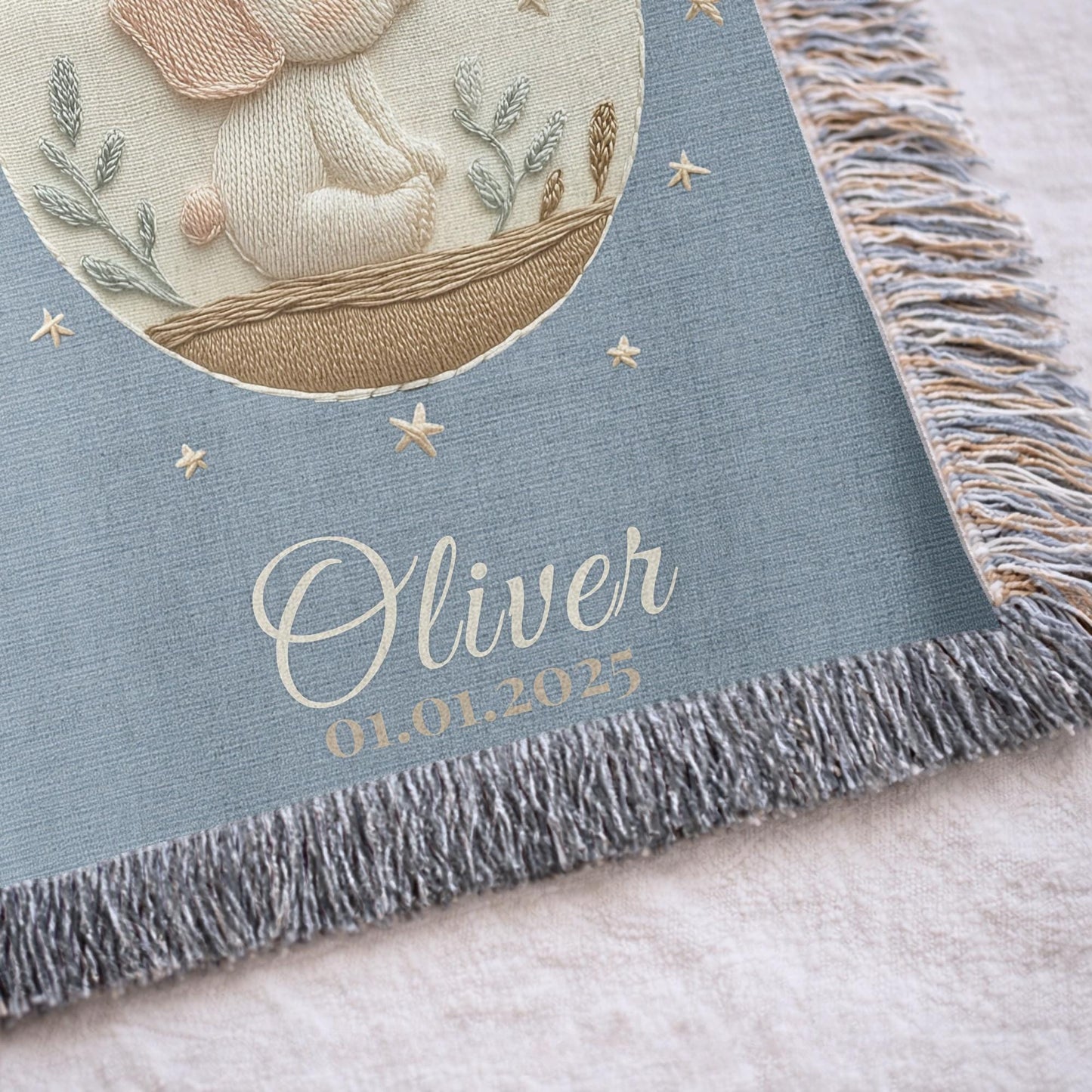 Personalized woven cotton baby blanket featuring a calm elephant under the moon. Embroidered-look design, custom name & birth date — timeless nursery decor.