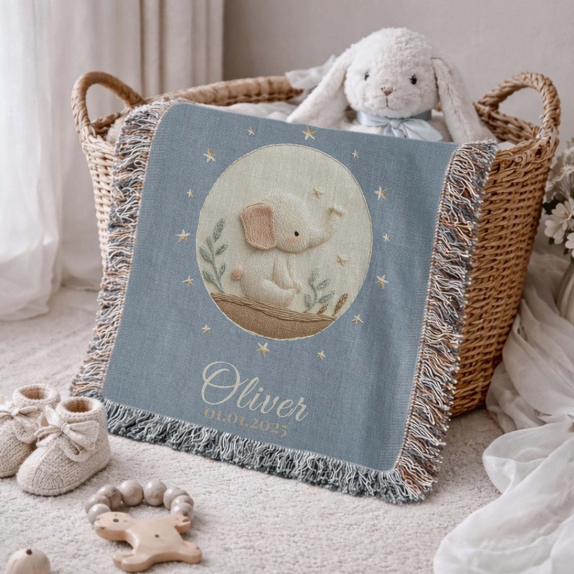 Personalized woven cotton baby blanket featuring a calm elephant under the moon. Embroidered-look design, custom name & birth date — timeless nursery decor.