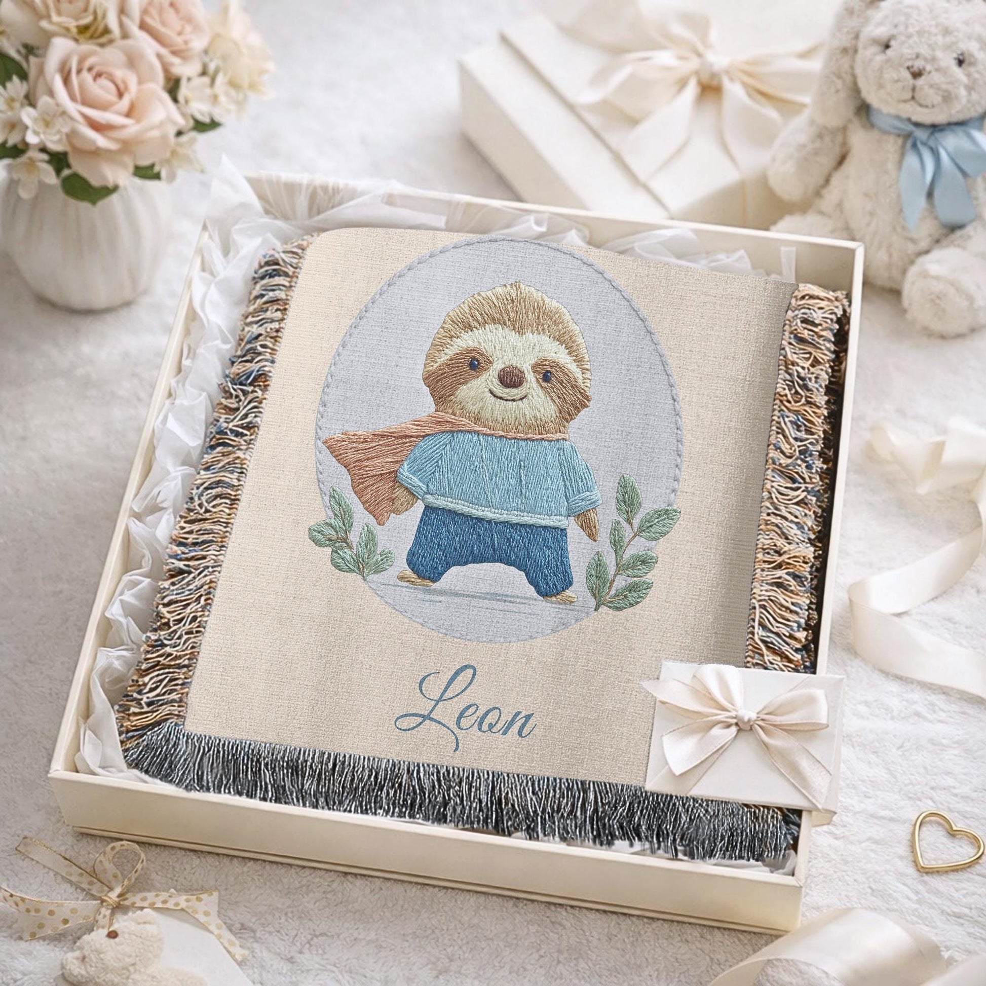 Personalized woven cotton baby blanket featuring a cute superhero sloth. Embroidered-look design, custom name, timeless nursery decor.