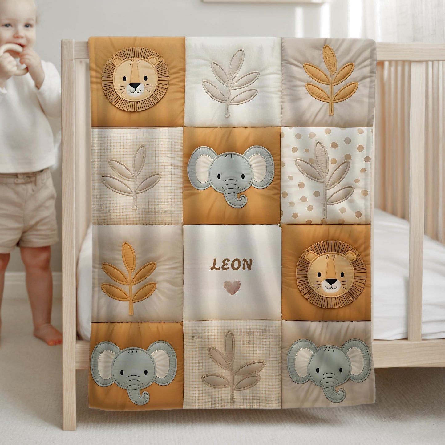Personalized patchwork look baby blanket with name, lion and elephant in a soft safari quilt design. Cozy newborn blanket and baby gift.