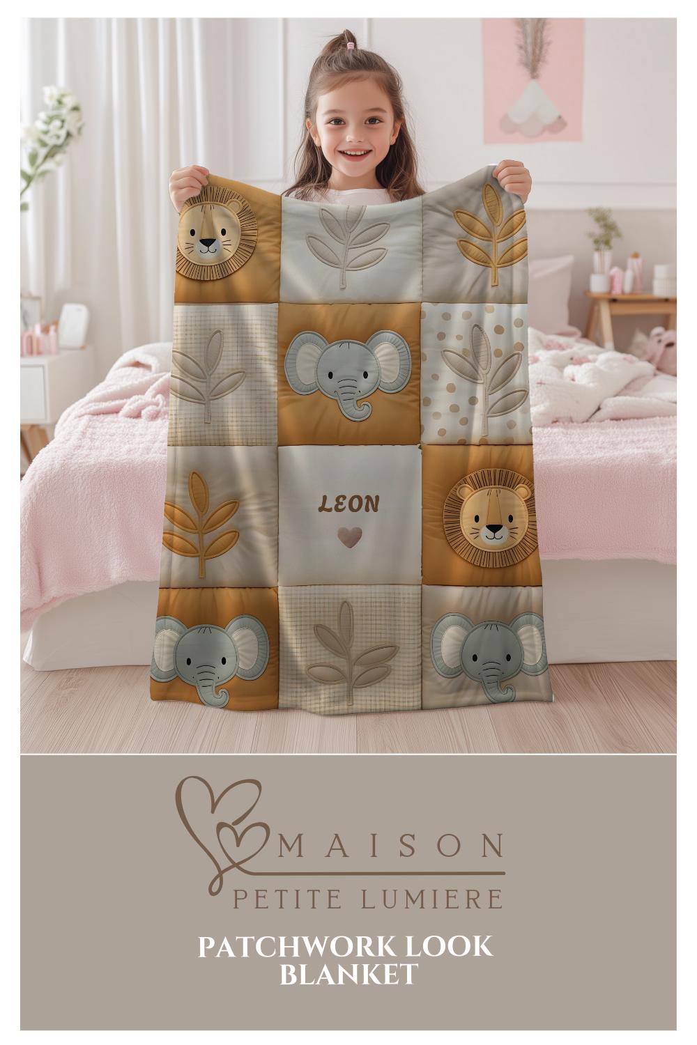 Personalized patchwork look baby blanket with name, lion and elephant in a soft safari quilt design. Cozy newborn blanket and baby gift.