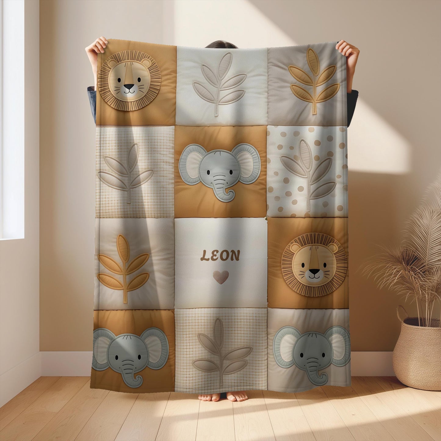 Personalized patchwork look baby blanket with name, lion and elephant in a soft safari quilt design. Cozy newborn blanket and baby gift.