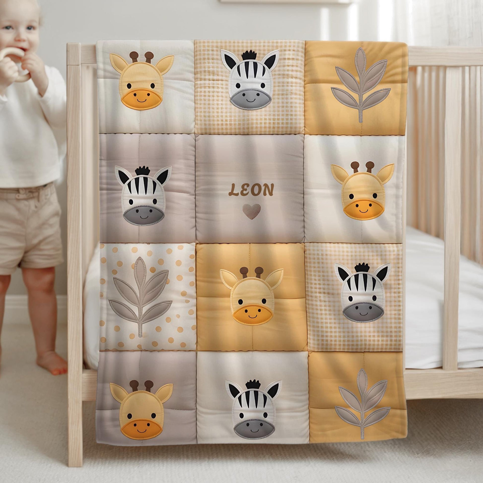 Personalized patchwork look baby blanket with name, giraffe and zebra in a soft safari quilt design. Cozy newborn blanket and thoughtful baby gift.