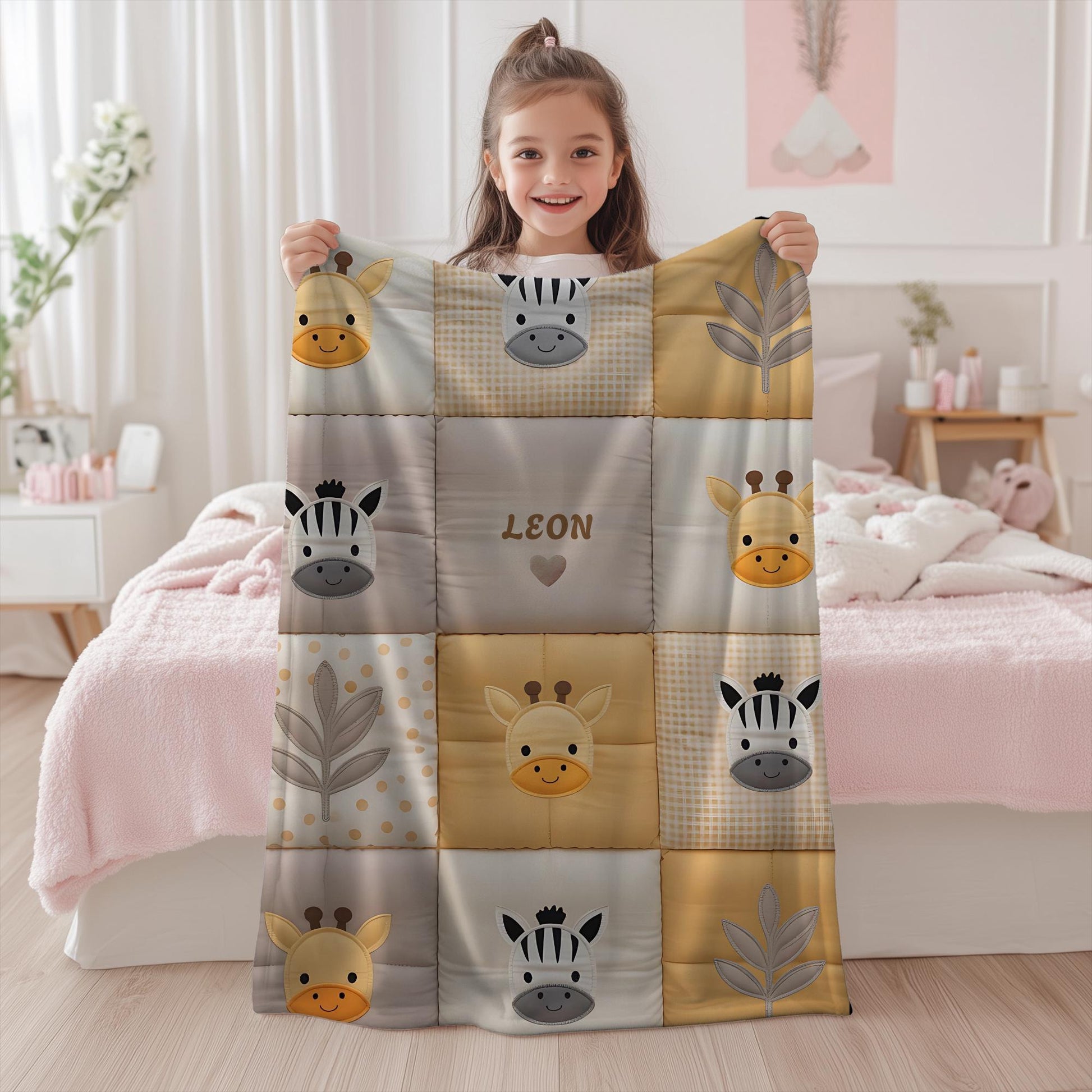 Personalized patchwork look baby blanket with name, giraffe and zebra in a soft safari quilt design. Cozy newborn blanket and thoughtful baby gift.