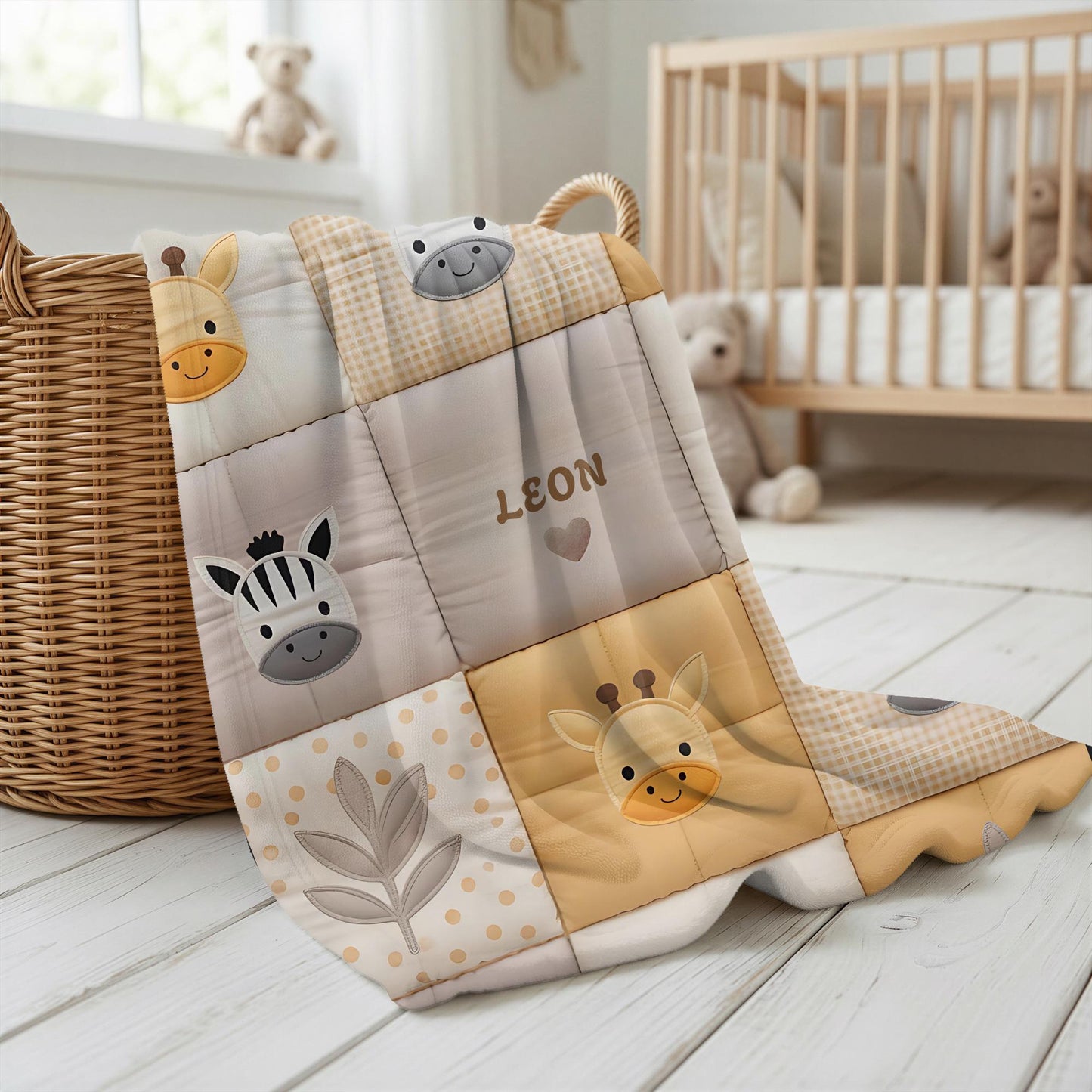 Personalized patchwork look baby blanket with name, giraffe and zebra in a soft safari quilt design. Cozy newborn blanket and thoughtful baby gift.