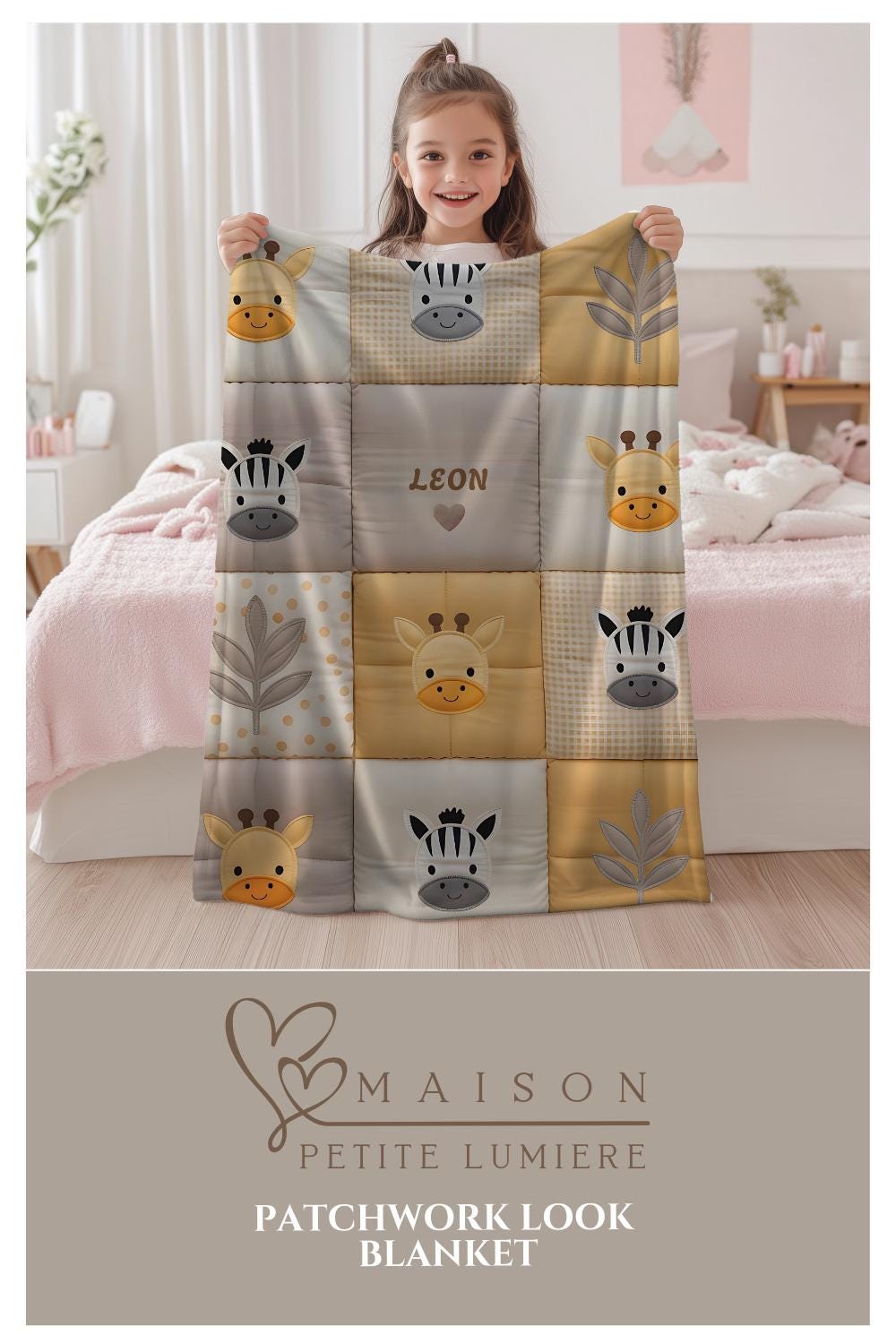 Personalized patchwork look baby blanket with name, giraffe and zebra in a soft safari quilt design. Cozy newborn blanket and thoughtful baby gift.