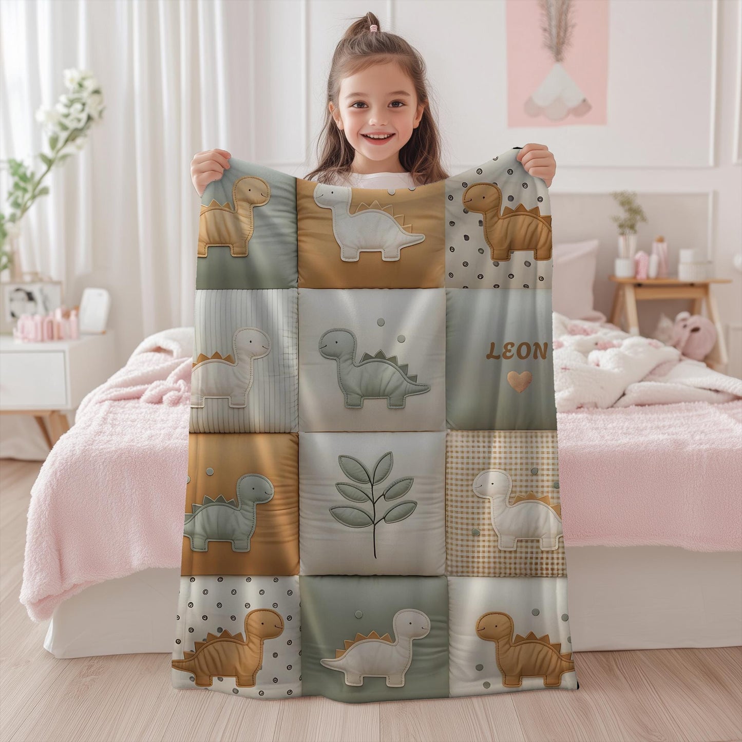 Personalized patchwork look baby blanket with name, featuring cute dinosaur motifs in a soft, neutral dino quilt design. A cozy newborn blanket and thoughtful baby gift.