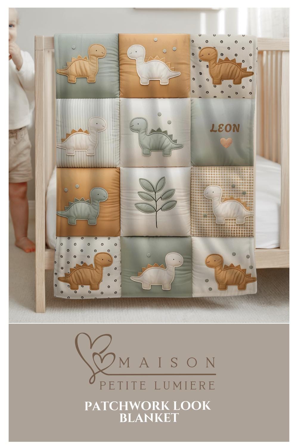 Personalized patchwork look baby blanket with name, featuring cute dinosaur motifs in a soft, neutral dino quilt design. A cozy newborn blanket and thoughtful baby gift.