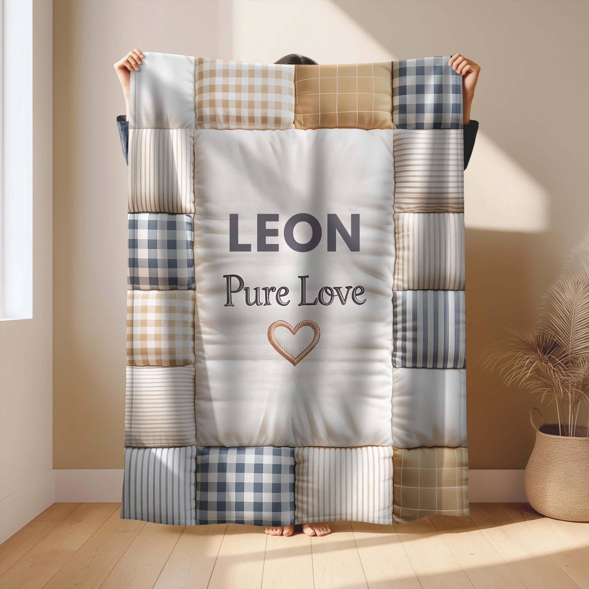 Personalized baby quilt blanket featuring your baby’s name and the quote “Pure Love” in a soft, neutral patchwork design. A cozy newborn blanket and meaningful keepsake gift.