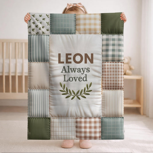 Personalized Baby Blanket with Name – Patchwork Quilt Look – Always Loved – Sage & Beige Nursery Decor Baby Shower Gift