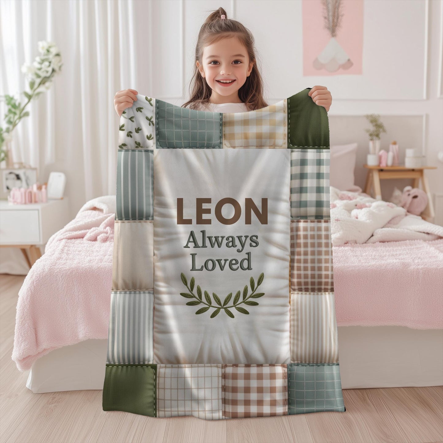 Baby blanket with quote and name in a patchwork quilt style. A soft, meaningful keepsake blanket for newborns and baby gifts.