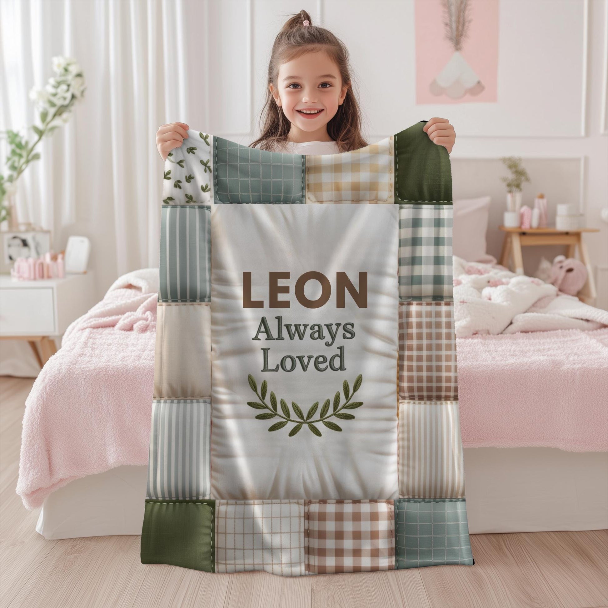 Baby blanket with quote and name in a patchwork quilt style. A soft, meaningful keepsake blanket for newborns and baby gifts.