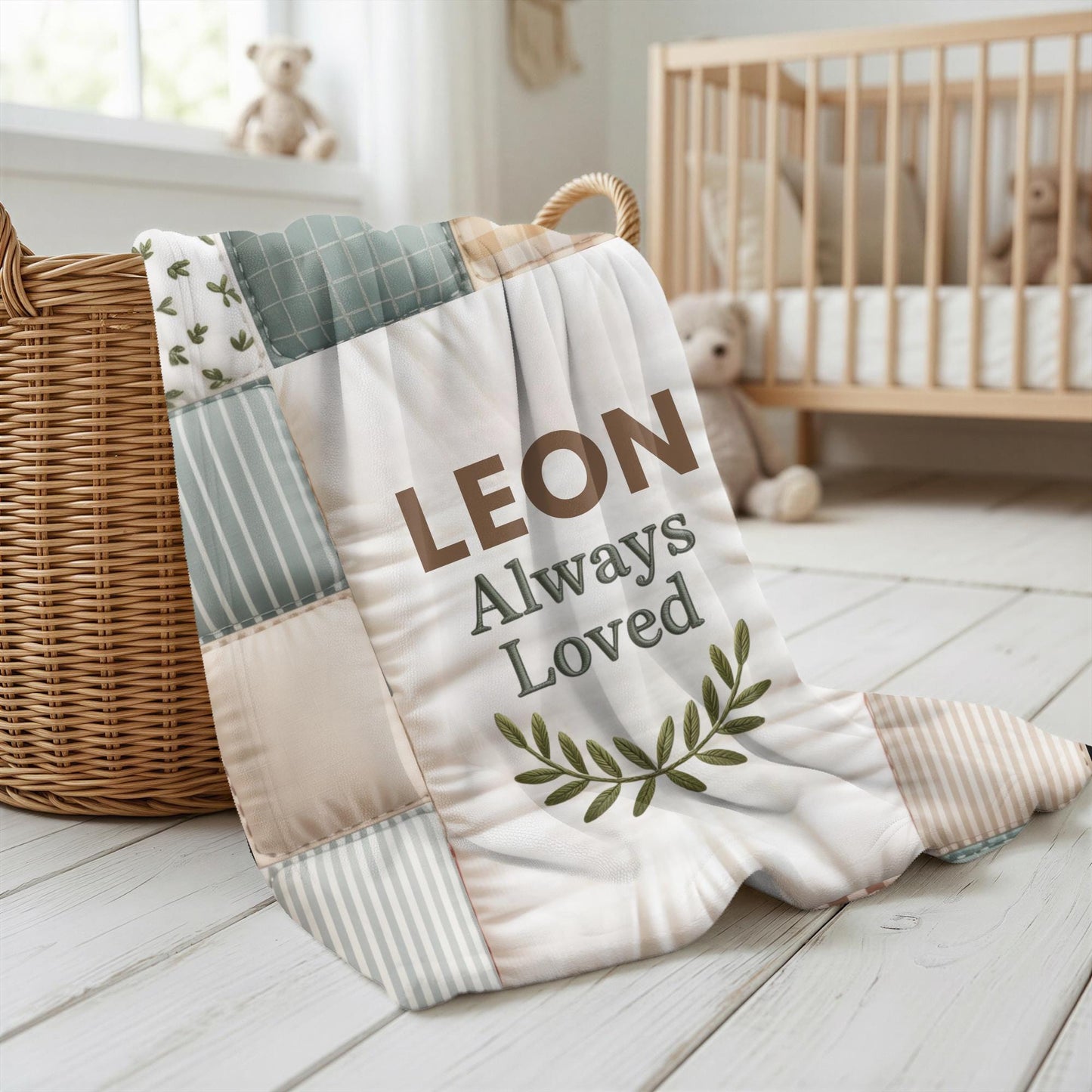 Baby blanket with quote and name in a patchwork quilt style. A soft, meaningful keepsake blanket for newborns and baby gifts.