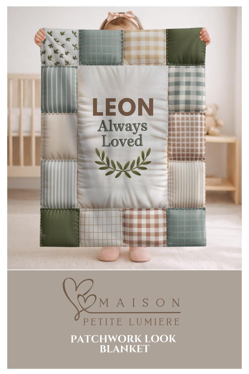 Baby blanket with quote and name in a patchwork quilt style. A soft, meaningful keepsake blanket for newborns and baby gifts.