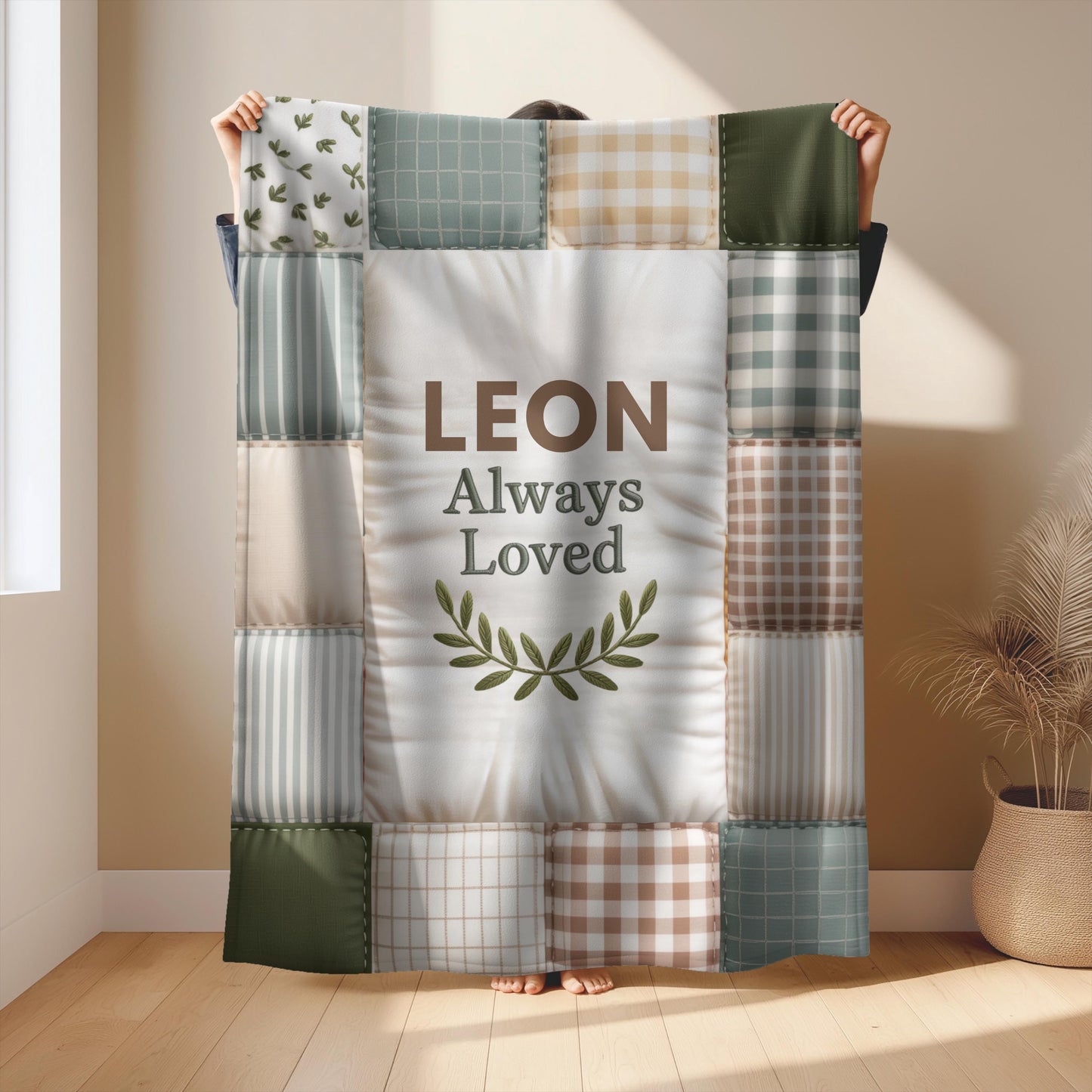 Baby blanket with quote and name in a patchwork quilt style. A soft, meaningful keepsake blanket for newborns and baby gifts.