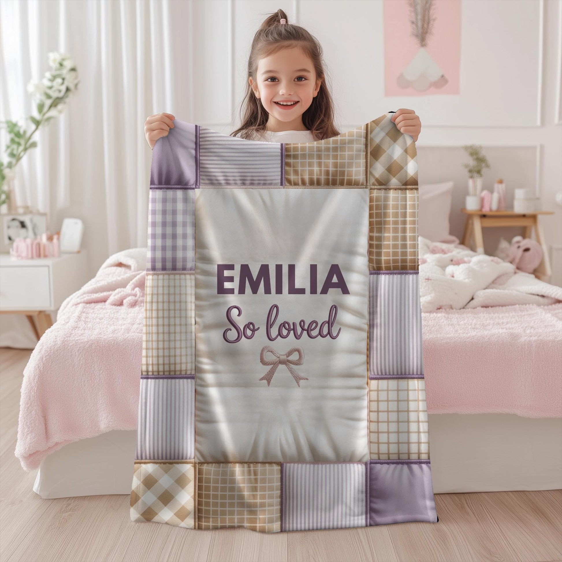 Neutral baby blanket in a patchwork quilt look with baby name. Unisex design, soft and timeless – perfect for modern nurseries and baby gifts.