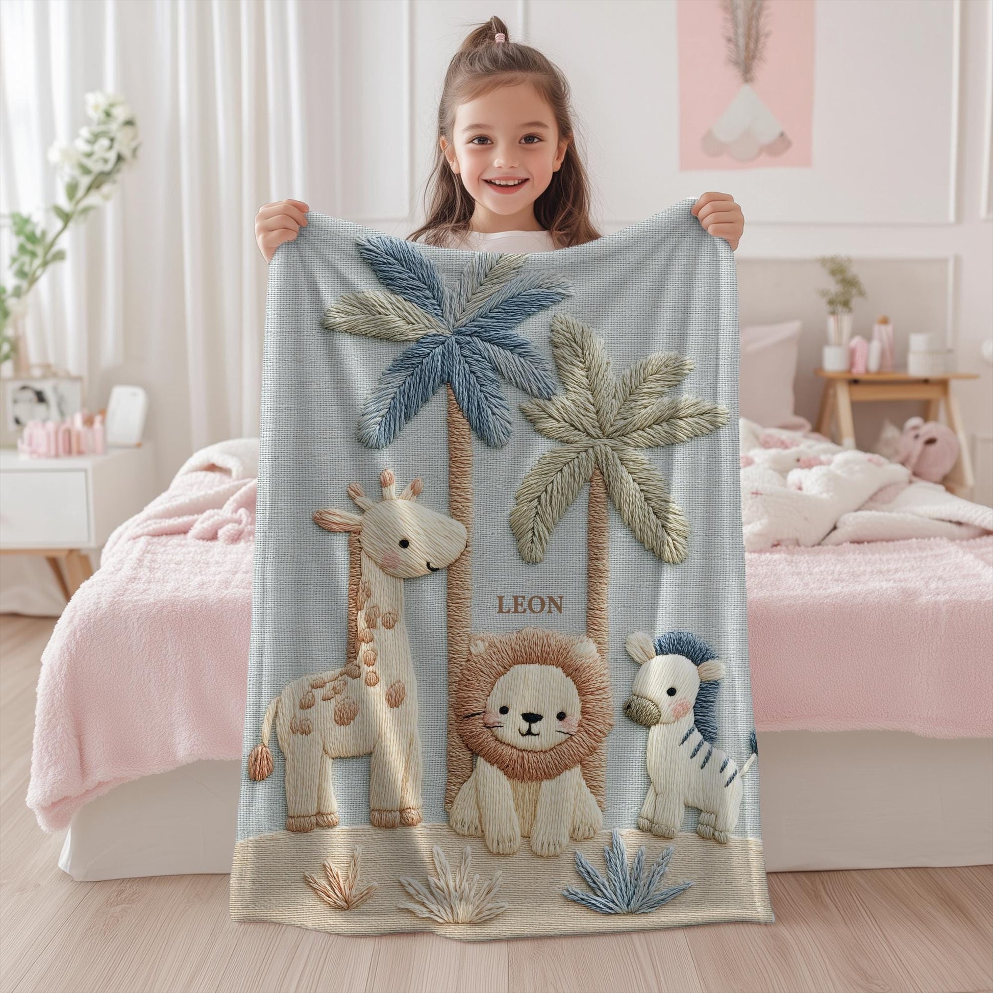 Personalized safari baby blanket with name featuring calm animal embroidered-look design in neutral tones. Timeless nursery decor and a thoughtful newborn gift.