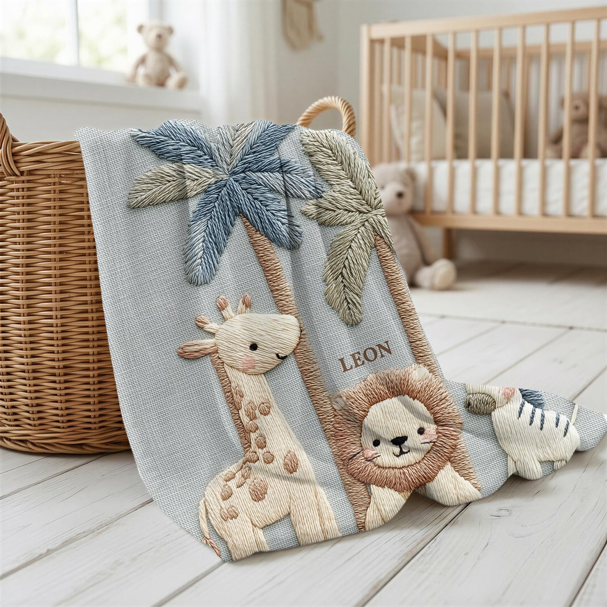 Personalized safari baby blanket with name featuring calm animal embroidered-look design in neutral tones. Timeless nursery decor and a thoughtful newborn gift.