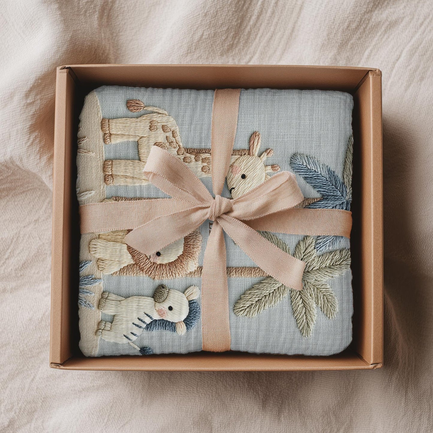 Personalized safari baby blanket with name featuring calm animal embroidered-look design in neutral tones. Timeless nursery decor and a thoughtful newborn gift.