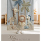 Personalized safari baby blanket with name featuring calm animal embroidered-look design in neutral tones. Timeless nursery decor and a thoughtful newborn gift.