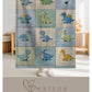 Personalized patchwork look baby blanket with cute dinosaurs in a soft quilt-style design. Neutral nursery colors with custom name panel.