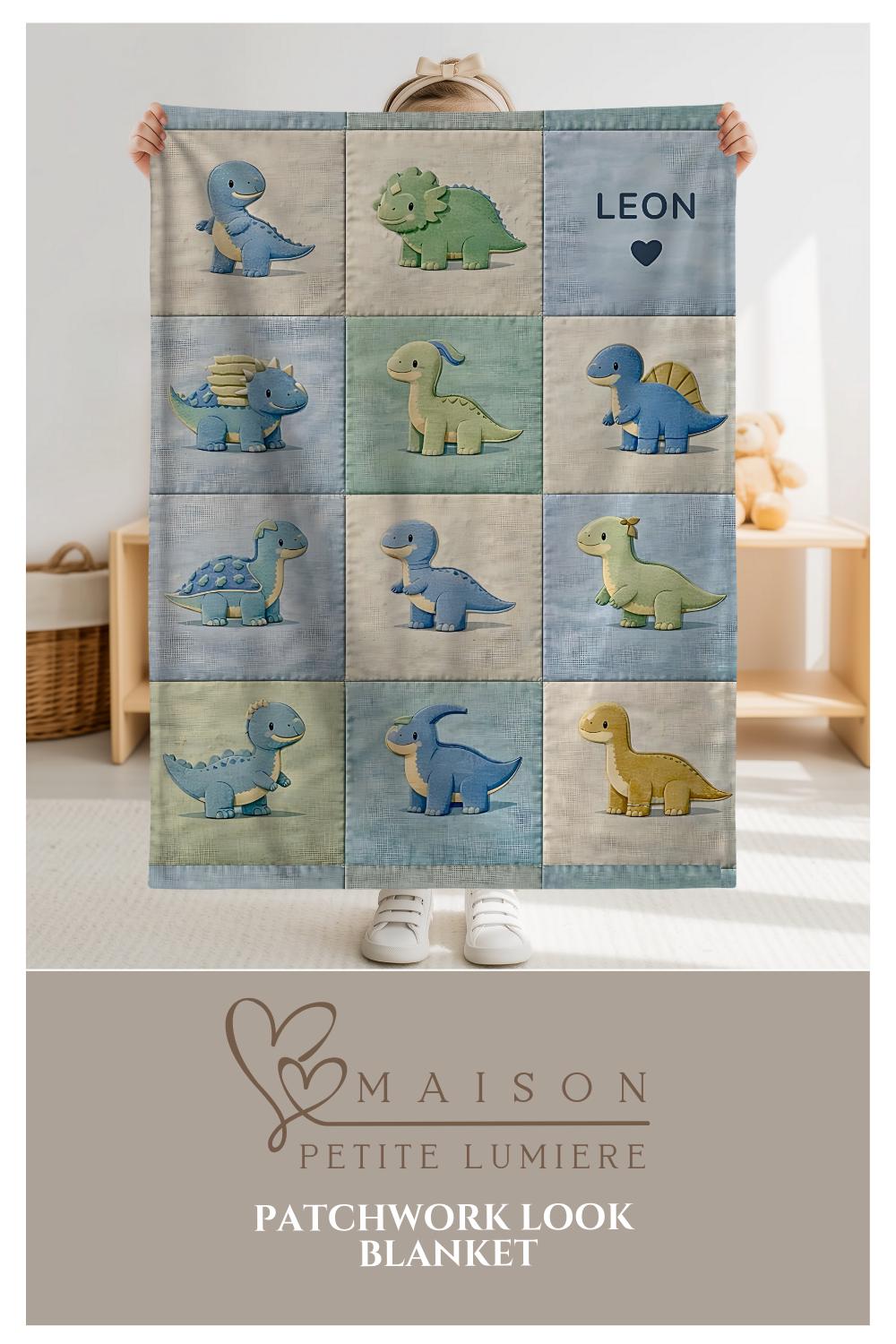 Personalized patchwork look baby blanket with cute dinosaurs in a soft quilt-style design. Neutral nursery colors with custom name panel.