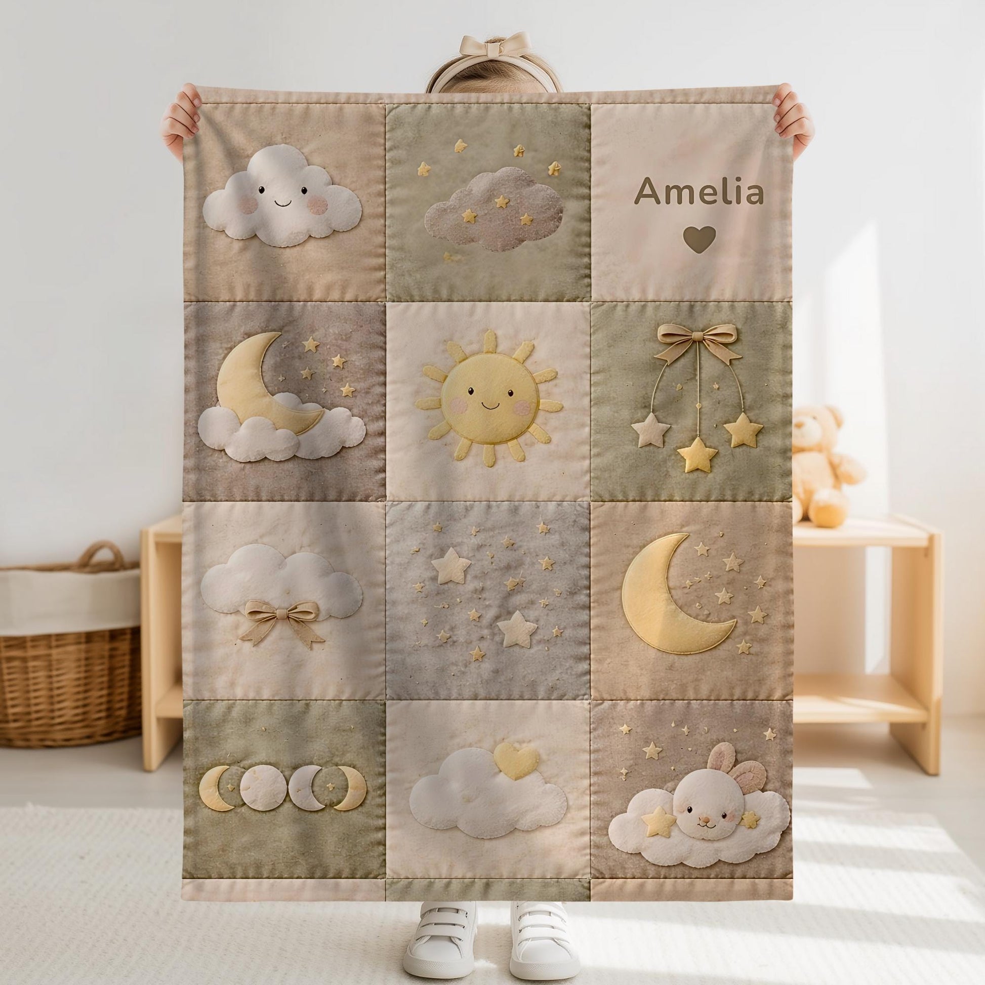 Personalized patchwork look baby blanket with clouds, sun, moon and stars in a soft quilt-style design. Neutral nursery colors with custom name.