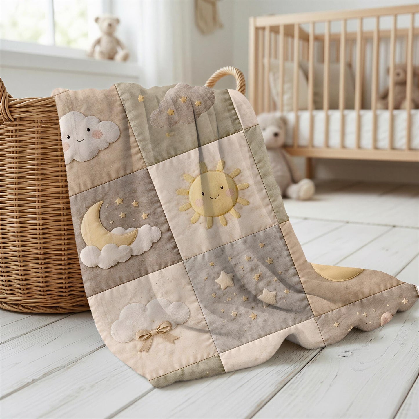 Personalized patchwork look baby blanket with clouds, sun, moon and stars in a soft quilt-style design. Neutral nursery colors with custom name.