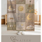 Personalized patchwork look baby blanket with clouds, sun, moon and stars in a soft quilt-style design. Neutral nursery colors with custom name.