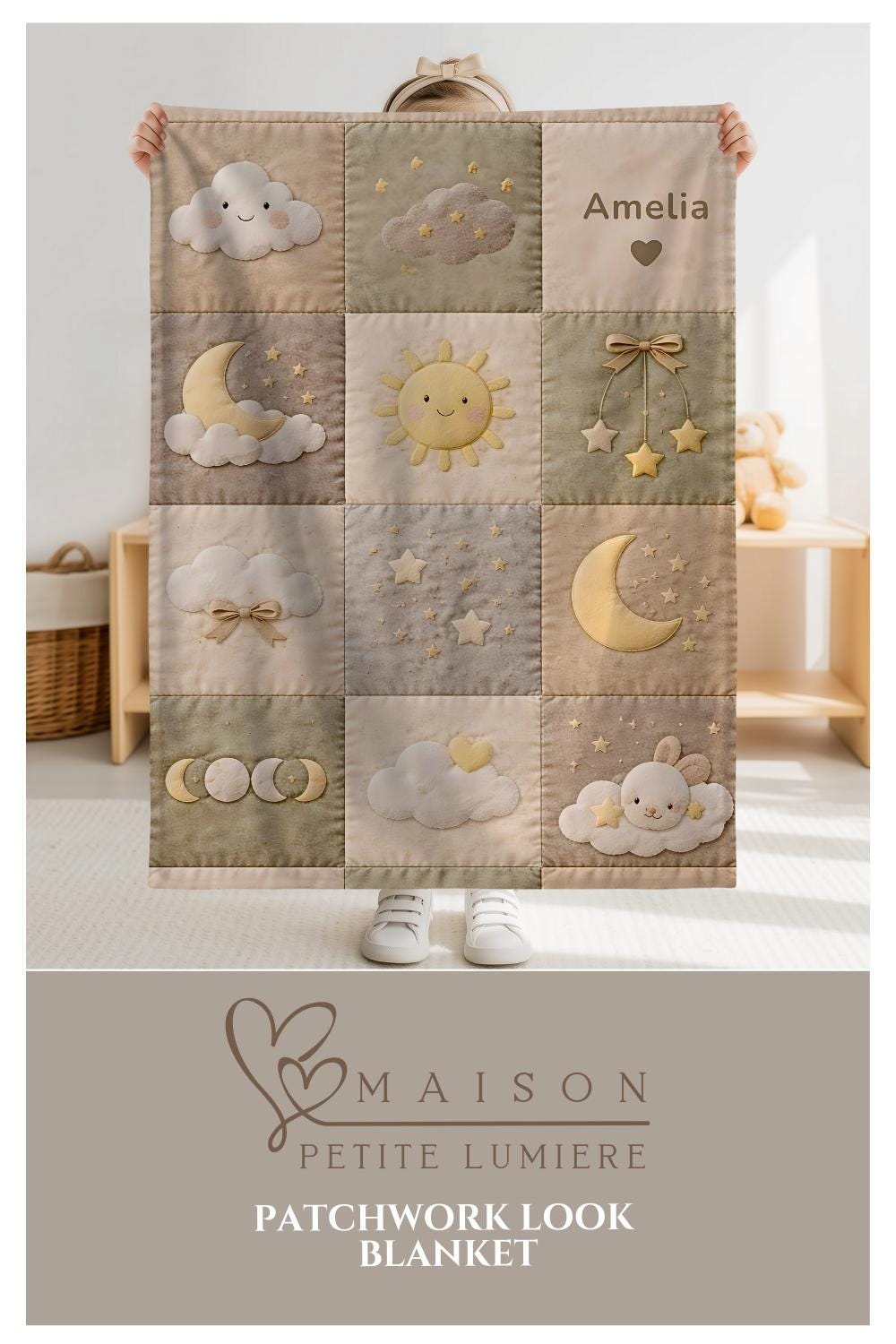 Personalized patchwork look baby blanket with clouds, sun, moon and stars in a soft quilt-style design. Neutral nursery colors with custom name.