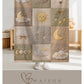Personalized patchwork look baby blanket with clouds, sun, moon and stars in a soft quilt-style design. Neutral nursery colors with custom name.