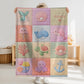 Personalized patchwork look baby blanket with mermaid and ocean animals in a soft quilt-style design. Pastel colors with custom name.