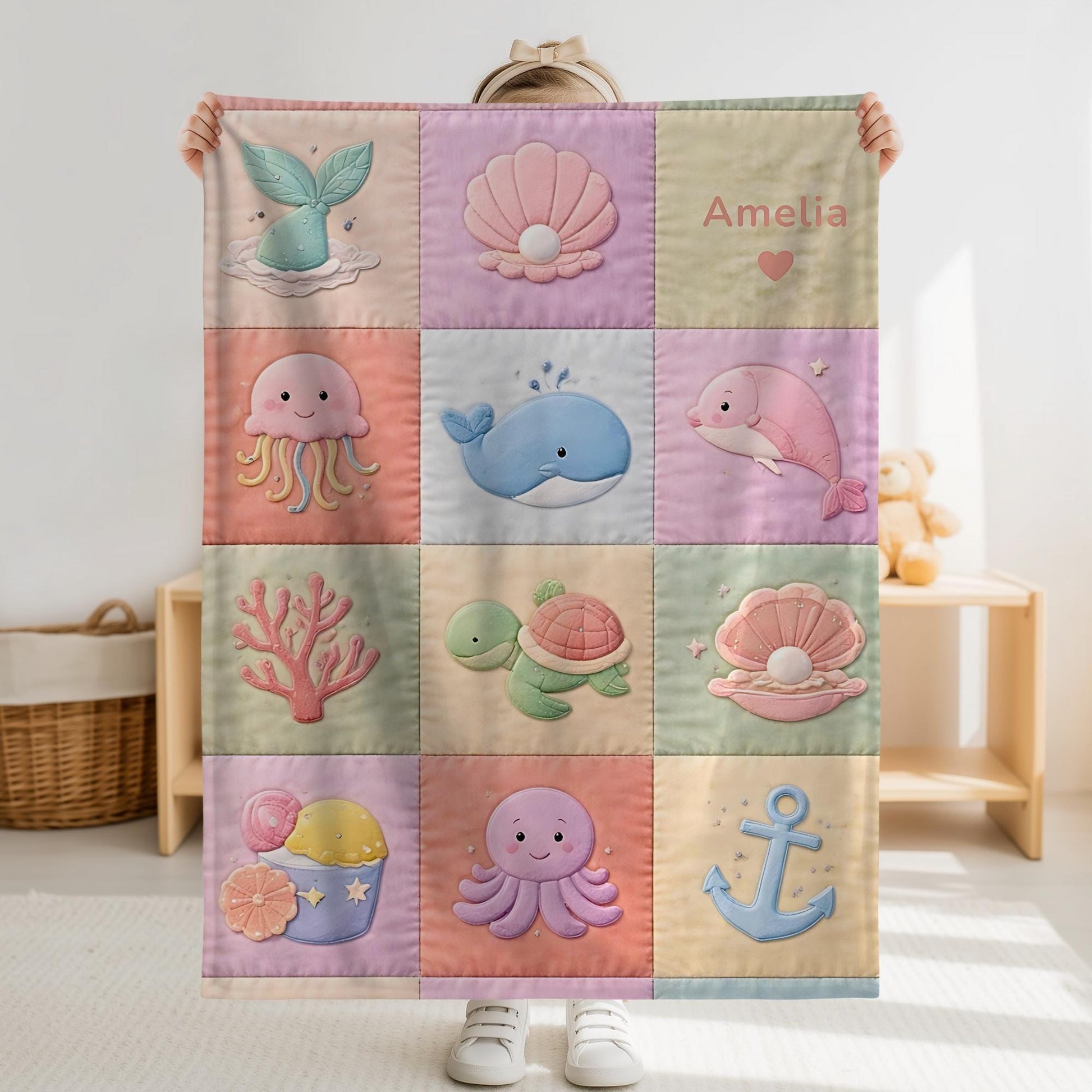 Personalized patchwork look baby blanket with mermaid and ocean animals in a soft quilt-style design. Pastel colors with custom name.
