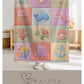 Personalized patchwork look baby blanket with mermaid and ocean animals in a soft quilt-style design. Pastel colors with custom name.