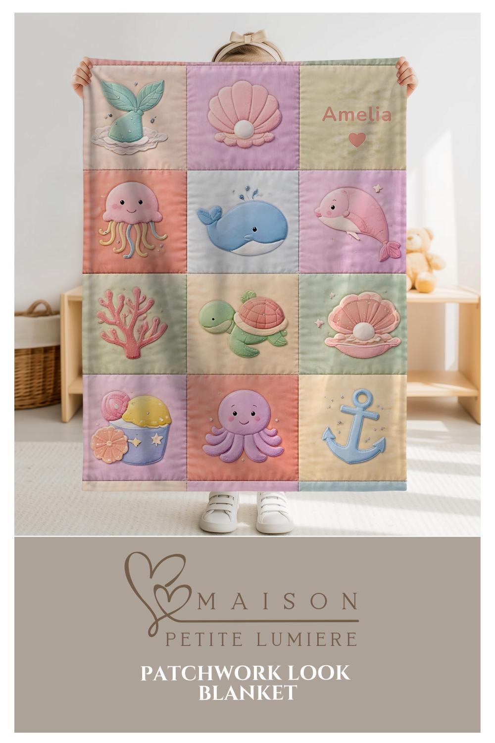 Personalized patchwork look baby blanket with mermaid and ocean animals in a soft quilt-style design. Pastel colors with custom name.