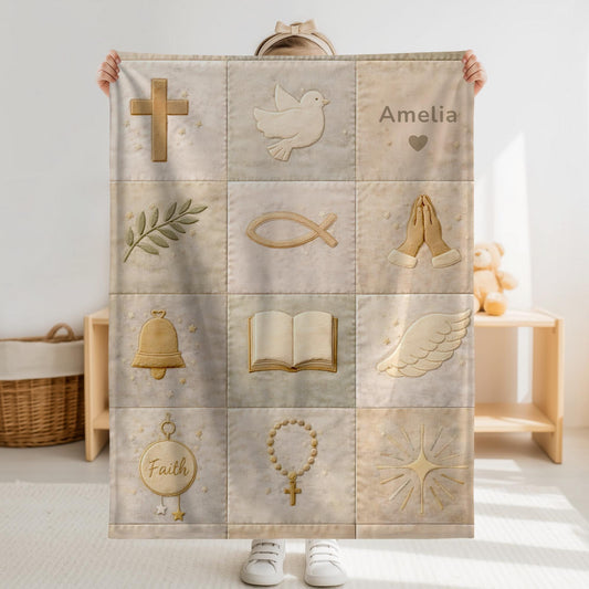 Christian patchwork look baby blanket with faith symbols in a soft quilt-style design. Neutral tones, optional name, perfect baptism gift.
