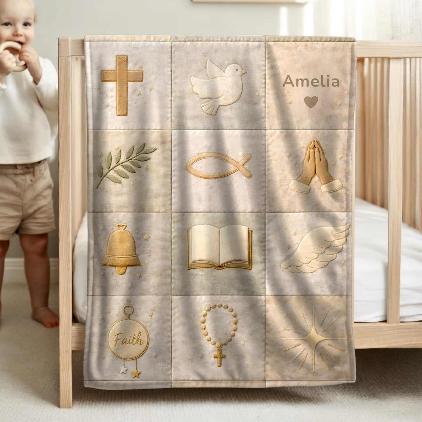 Christian patchwork look baby blanket with faith symbols in a soft quilt-style design. Neutral tones, optional name, perfect baptism gift.