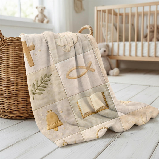 Christian patchwork look baby blanket with faith symbols in a soft quilt-style design. Neutral tones, optional name, perfect baptism gift.