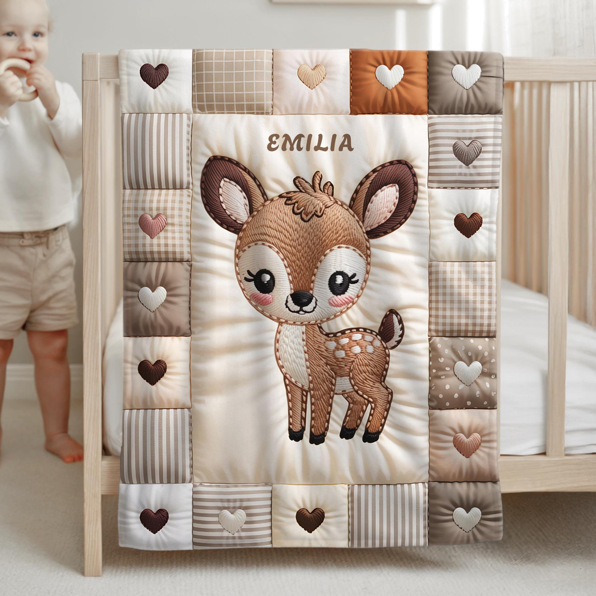 Personalized deer baby blanket with name and patchwork quilt look. Choose between the large Velveteen blanket or the small Minky Lovey security blanket.