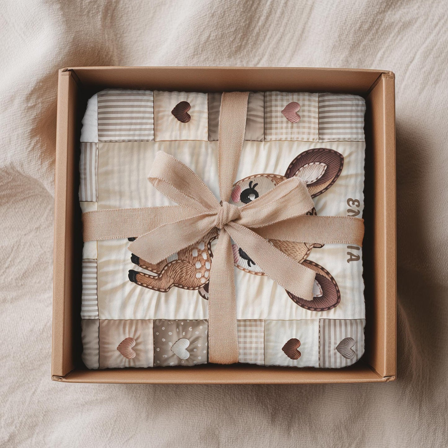 Personalized deer baby blanket with name and patchwork quilt look. Choose between the large Velveteen blanket or the small Minky Lovey security blanket.