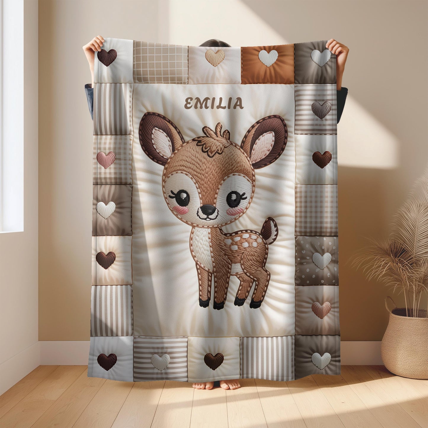 Personalized deer baby blanket with name and patchwork quilt look. Choose between the large Velveteen blanket or the small Minky Lovey security blanket.