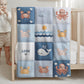 Personalized baby blanket with name in a patchwork look with whale and ocean motifs. Calm blue and beige tones – soft velveteen or minky.