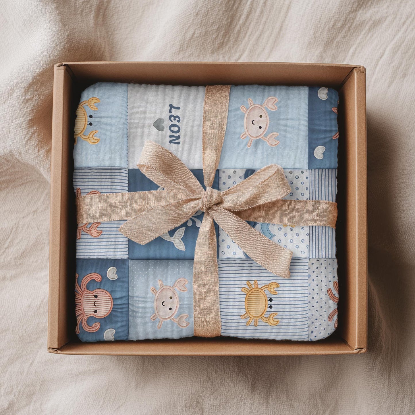 Personalized baby blanket with name in a patchwork look with whale and ocean motifs. Calm blue and beige tones – soft velveteen or minky.