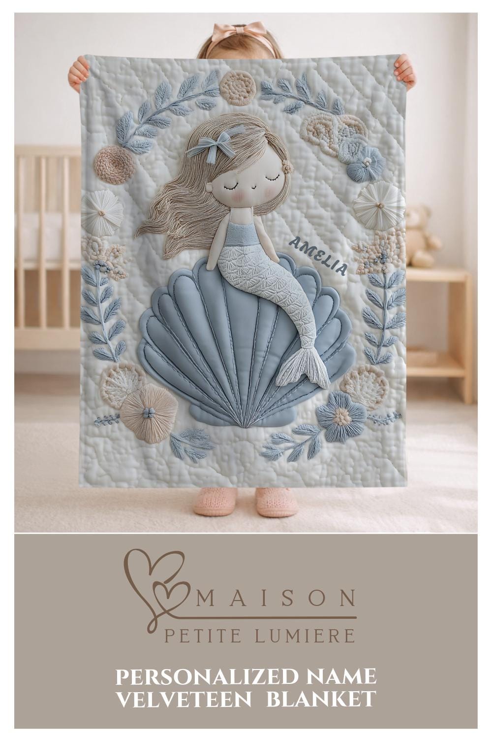 Soft embroidered-look mermaid baby blanket with a calm mermaid seashell design and pastel florals. Neutral tones, cozy fabric — a boutique newborn gift for serene, modern nursery decor.