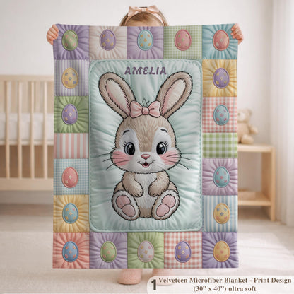 Personalized baby blanket with name in a patchwork quilt look featuring an Easter bunny. Soft pastel tones – velveteen, minky or sleeping bag.