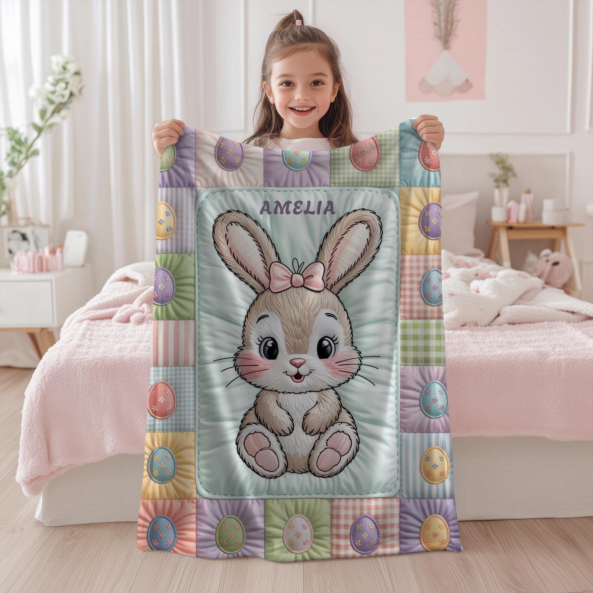 Personalized baby blanket with name in a patchwork quilt look featuring an Easter bunny. Soft pastel tones – velveteen, minky or sleeping bag.