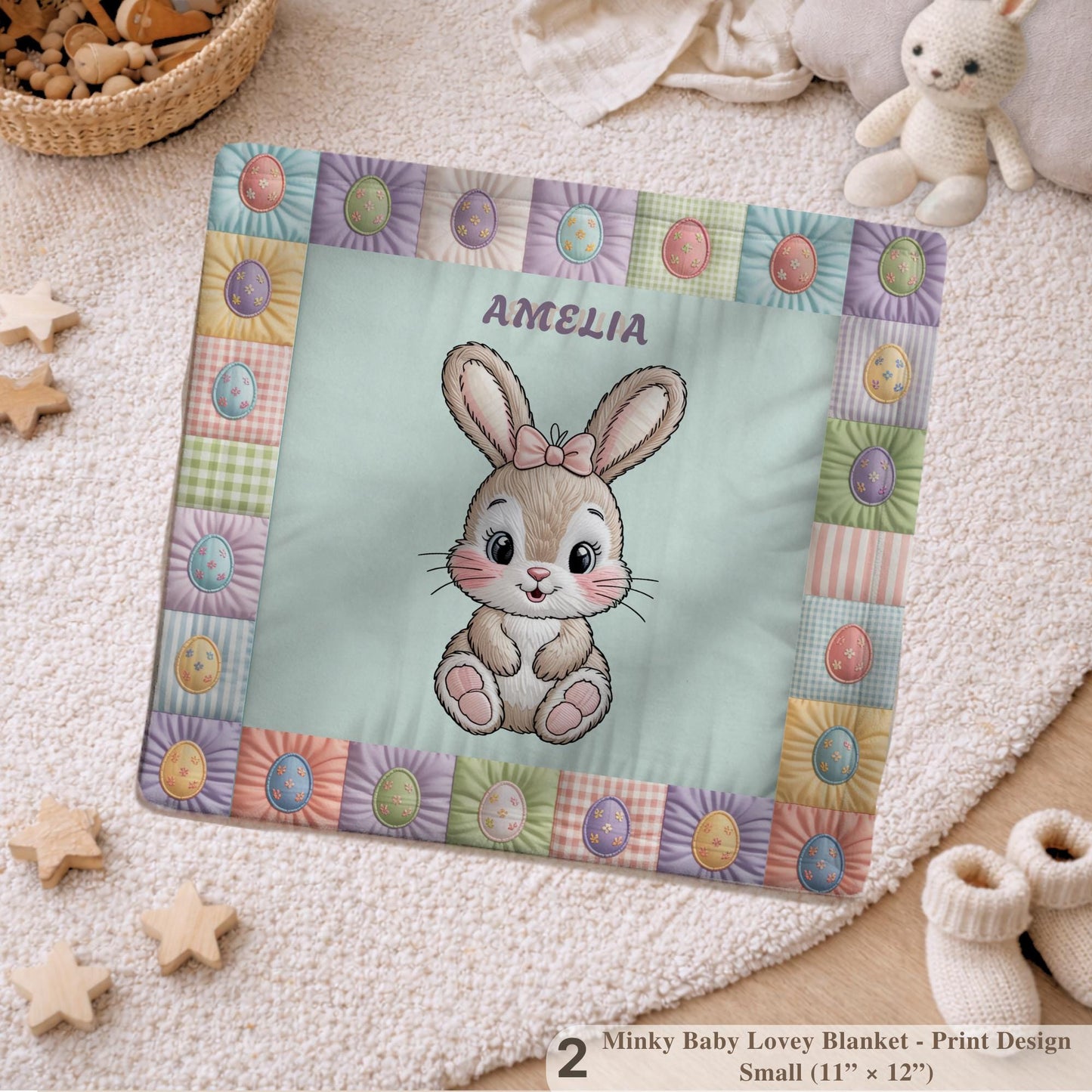 Personalized baby blanket with name in a patchwork quilt look featuring an Easter bunny. Soft pastel tones – velveteen, minky or sleeping bag.