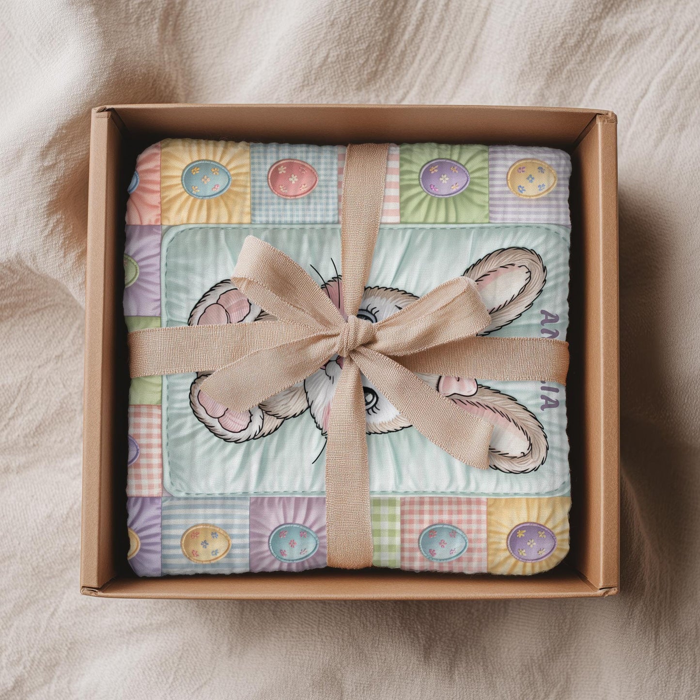 Personalized baby blanket with name in a patchwork quilt look featuring an Easter bunny. Soft pastel tones – velveteen, minky or sleeping bag.