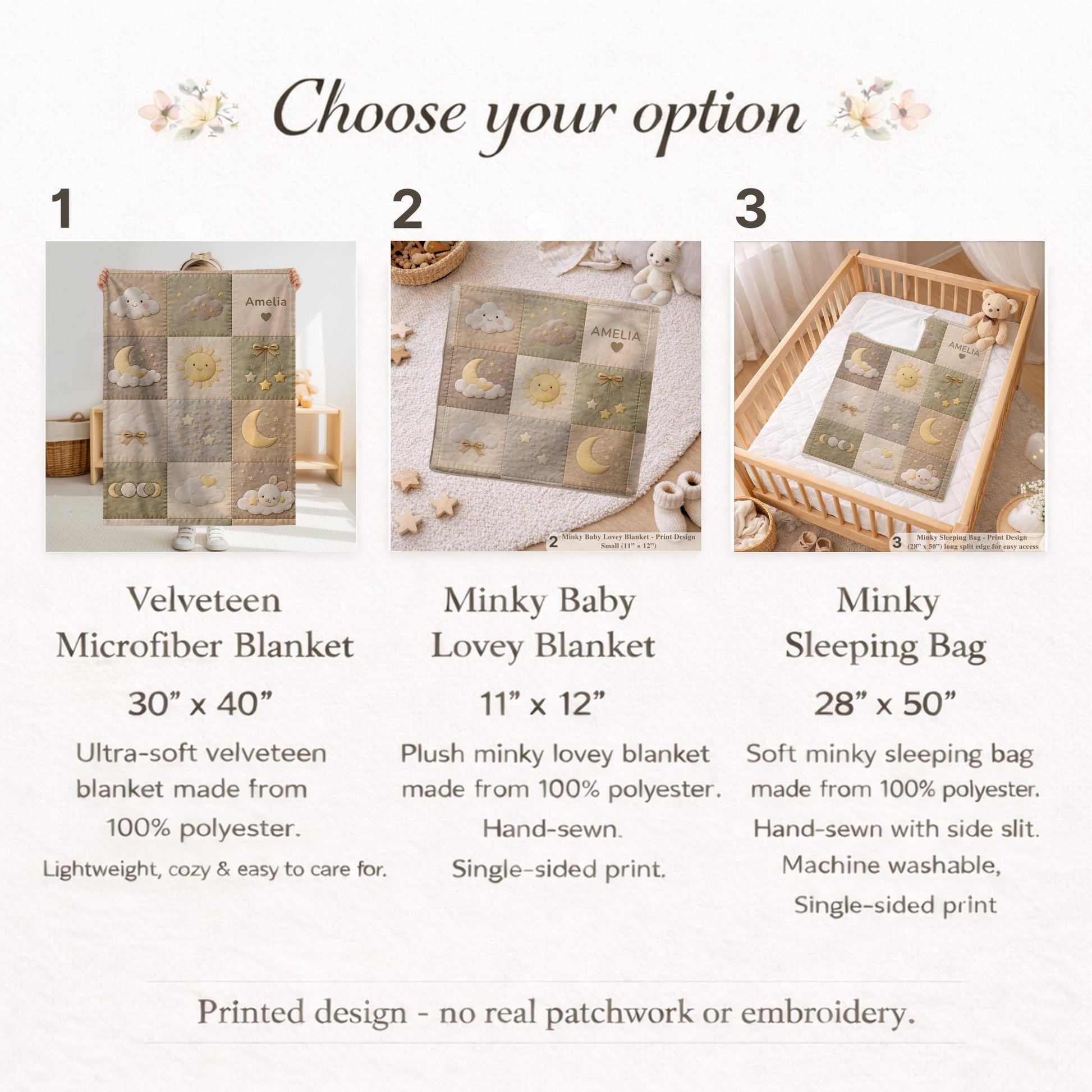 Personalized patchwork look baby blanket with clouds, sun, moon and stars in a soft quilt-style design. Neutral nursery colors with custom name.